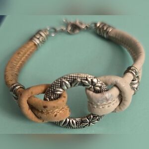 White and Tan Leather Bracelet With Silver Hardware & Adjustable Closure